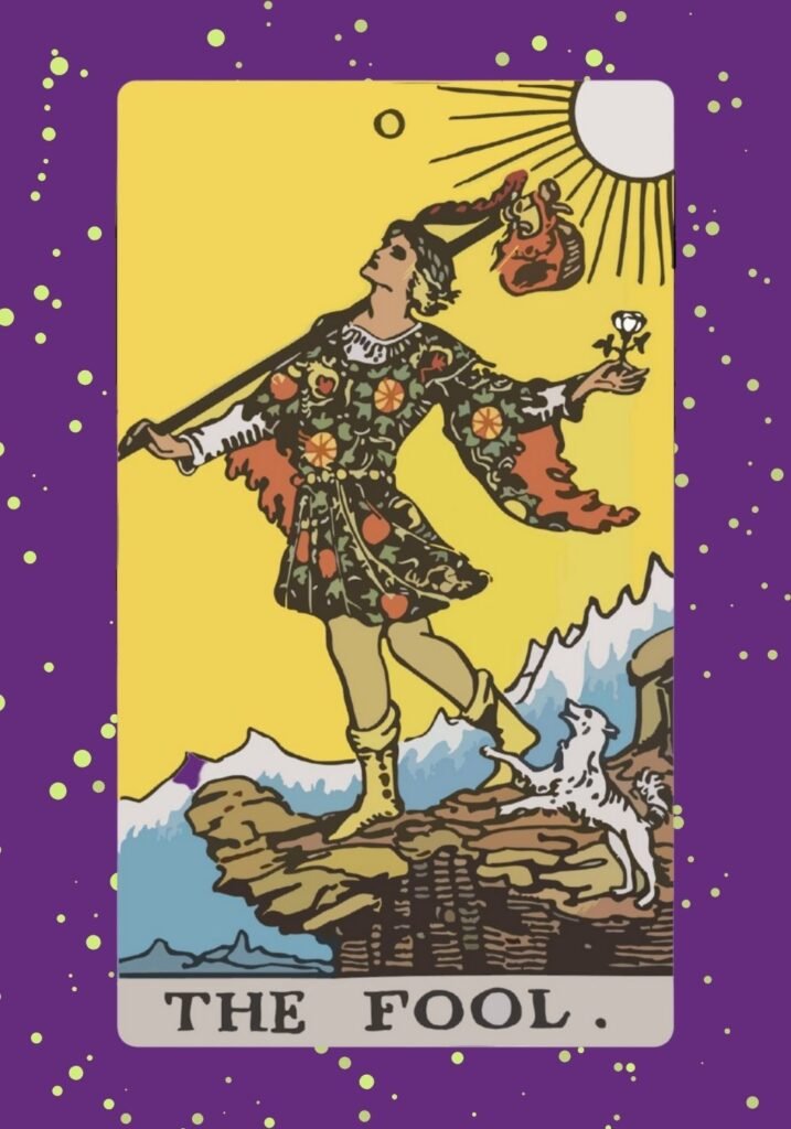 Rider-Waite The Fool tarot card – young man stepping toward a cliff, with white dog and mountains in background