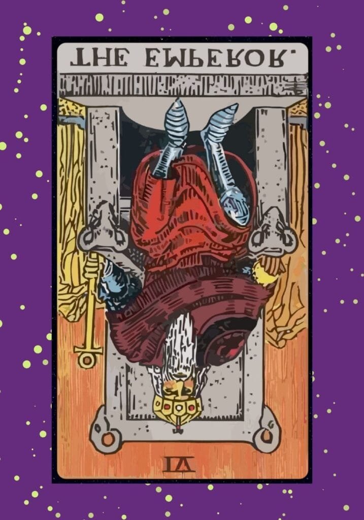 Rider-Waite style Emperor tarot card reversed – upside-down image of the Emperor, signifying a loss of control, rigidity, or power imbalance.