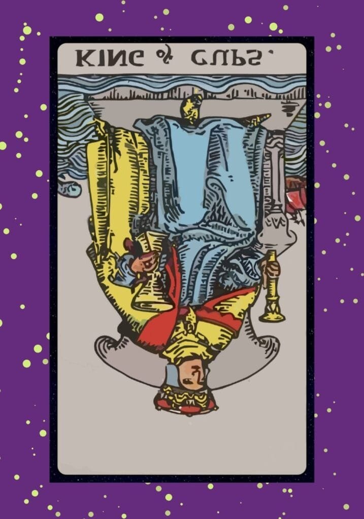 Reversed King of Cups tarot card – reflecting emotional imbalance, manipulation, or emotional immaturity in leadership and relationships.