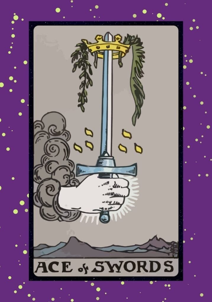Upright Ace of Swords tarot card – a sword emerging from clouds crowned with victory, symbolizing mental clarity, breakthroughs, and new beginnings.