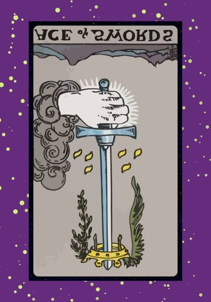 Reversed Ace of Swords tarot card – symbolizing confusion, lack of clarity, miscommunication, and missed opportunities.