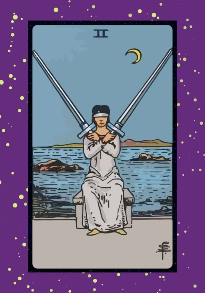 Upright Two of Swords tarot card – a blindfolded woman holding two swords at a crossroads, symbolizing indecision, inner conflict, and seeking truth.