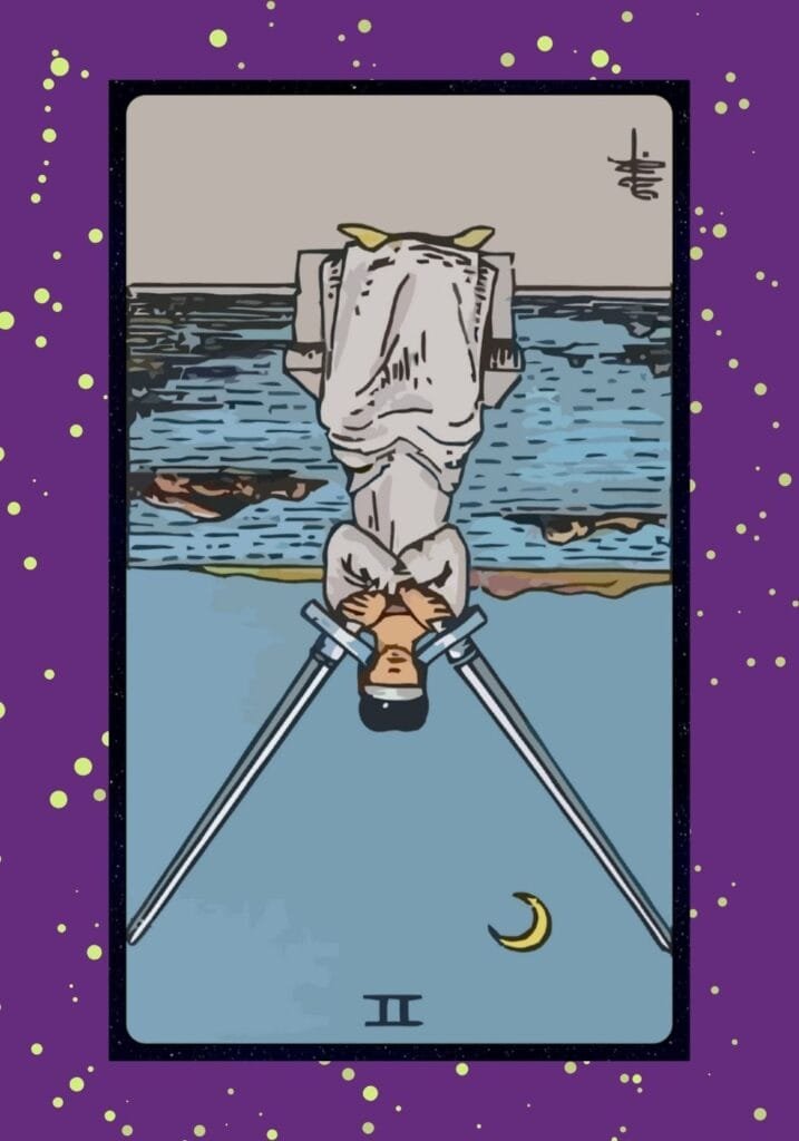 Reversed Two of Swords tarot card – revealing truth, emotional overwhelm, delays in decision-making, and clarity emerging from confusion.