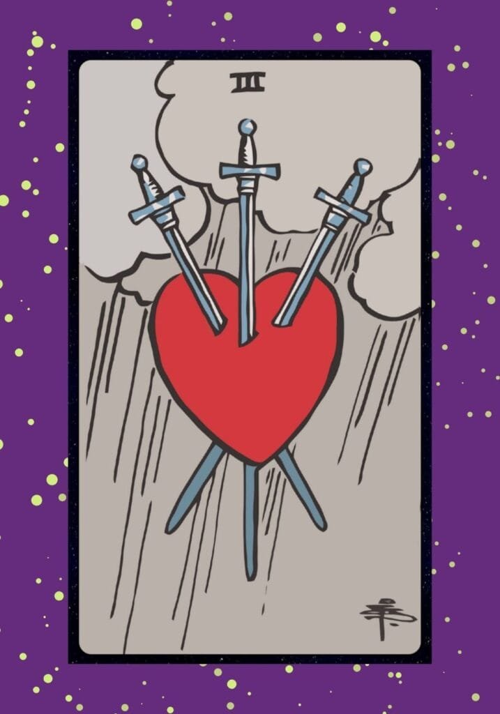 Upright Three of Swords tarot card – a heart pierced by three swords with rain and clouds, symbolizing grief, sorrow, heartbreak, and emotional pain.