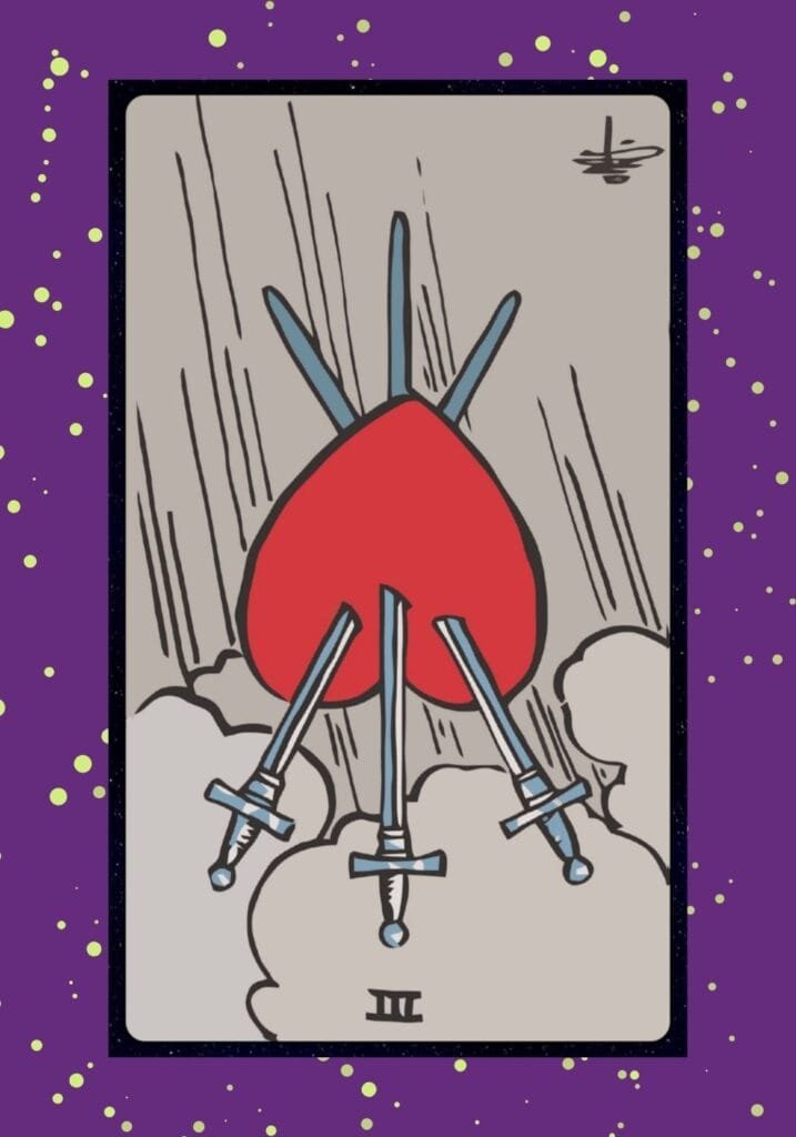 Reversed Three of Swords tarot card – symbolizing healing, emotional recovery, release of sadness, and the return of optimism and strength.