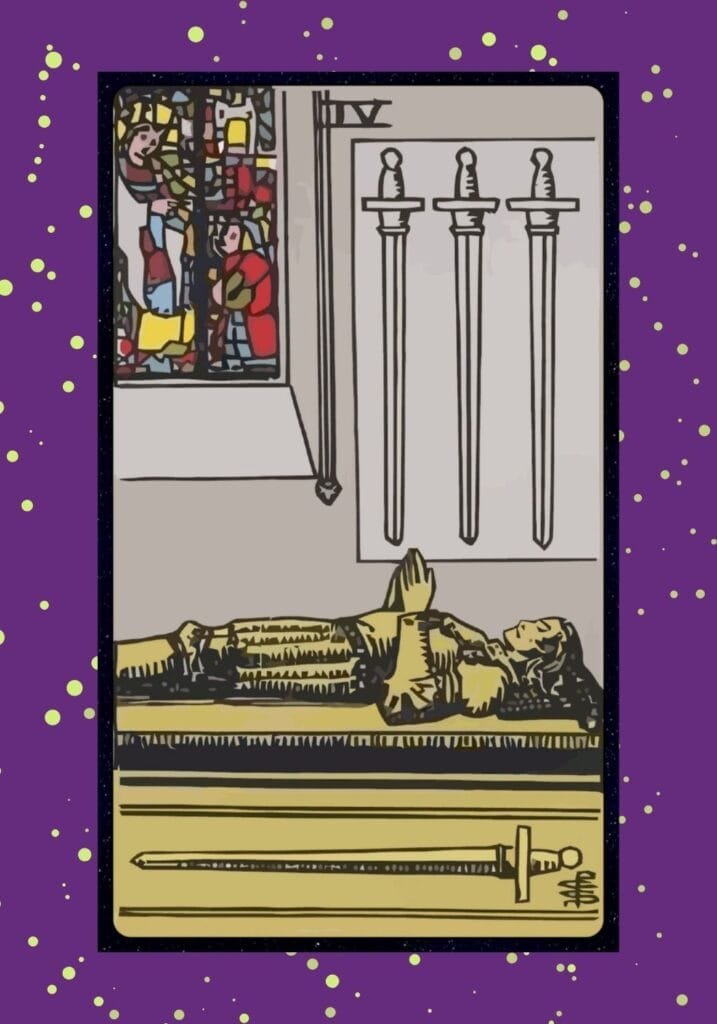 Upright Four of Swords tarot card – a knight resting in a tomb with three swords above and one below, symbolizing rest, recovery, mental clarity, and healing.