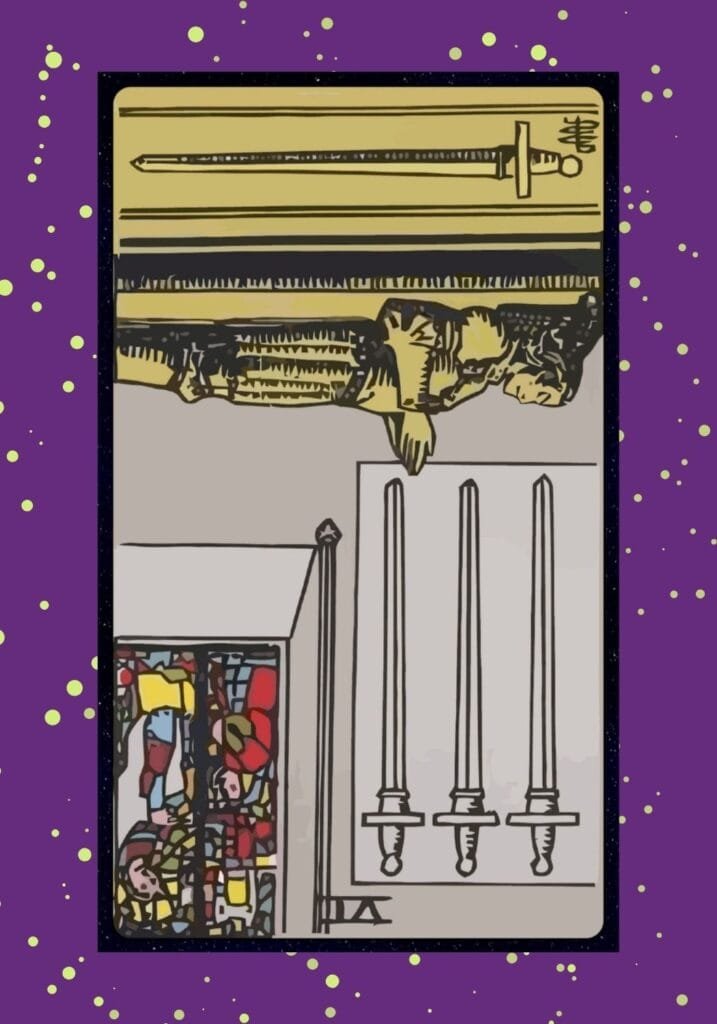 Reversed Four of Swords tarot card – symbolizing awakening, coming out of isolation, mental rejuvenation, and moving forward after rest.