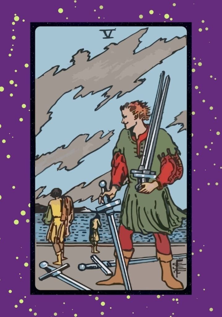 Upright Five of Swords tarot card – a man holding three swords while two defeated figures walk away, symbolizing conflict, hollow victory, and personal battles.