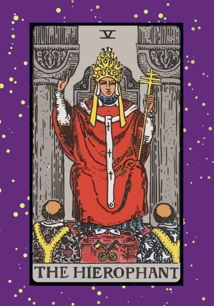 Rider-Waite style Hierophant tarot card upright – a robed religious figure seated between two pillars, blessing two kneeling followers, representing tradition and spiritual guidance.