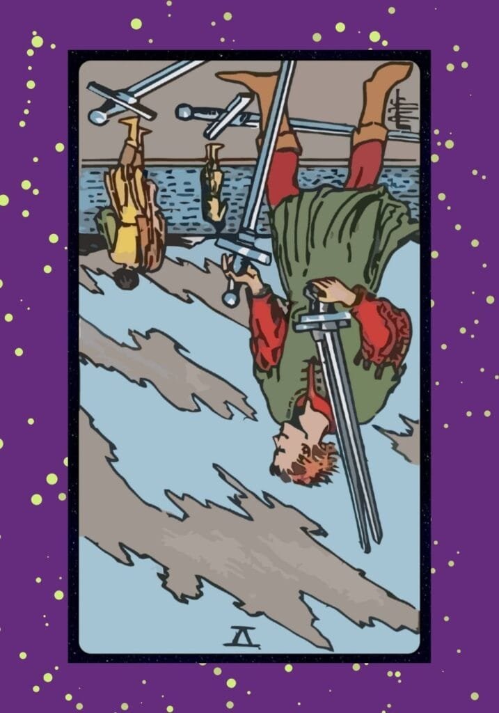 Reversed Five of Swords tarot card – symbolizing reconciliation, lessons from conflict, and the pursuit of peace after chaos.