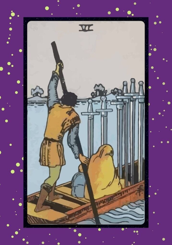A woman and child in a boat guided by a rower, leaving behind stormy waters for calm seas — symbolizing transition, healing, and moving toward peace.