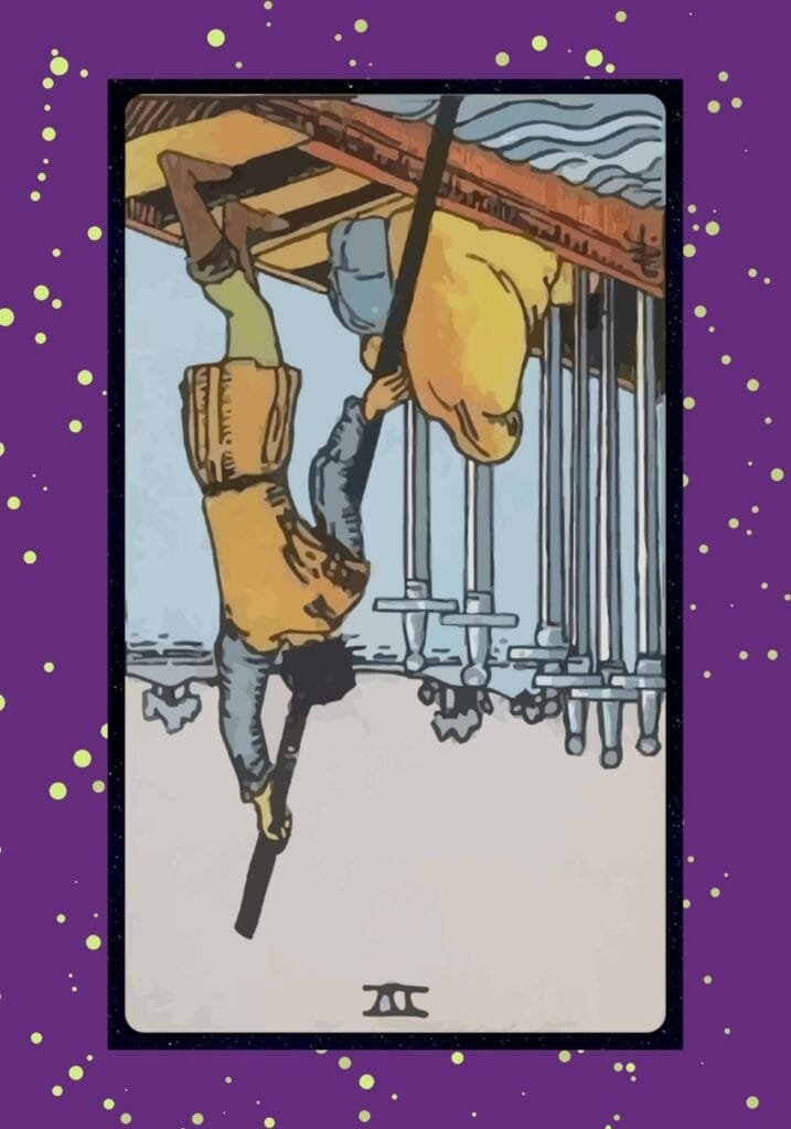 Six of Swords tarot card reversed — representing delays, resistance to change, instability, or a difficult return from emotional or physical journeys.