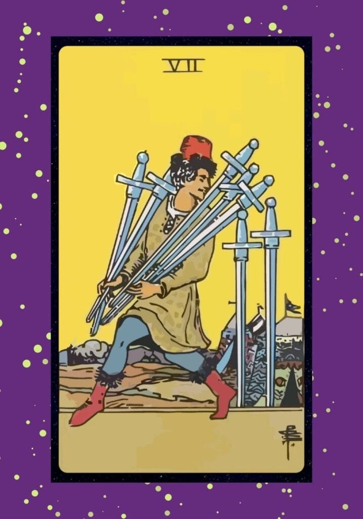 A man sneaks away with five swords, smirking as he glances back, symbolizing trickery, cunning, and deception amidst a daylight theft.