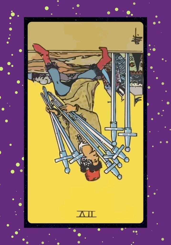 Seven of Swords reversed — highlighting confession, facing consequences, failed deceit, or the return of honesty and accountability.