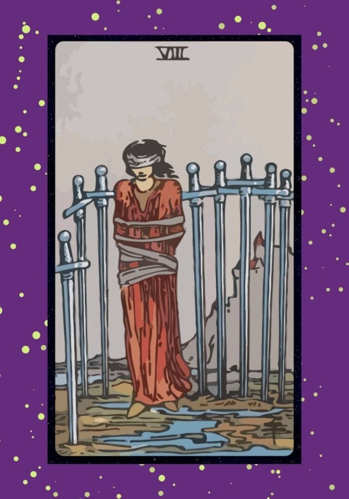 A blindfolded woman stands surrounded by eight swords forming a loose barrier, symbolizing mental entrapment, fear, and self-imposed limitations.