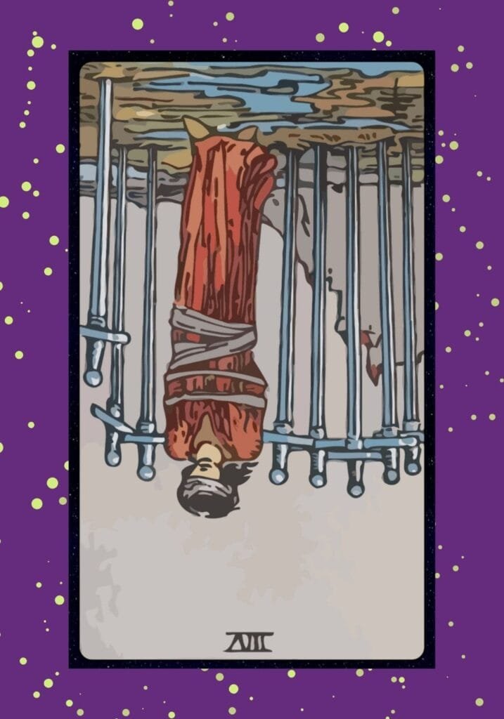 Eight of Swords reversed — the woman begins to break free from mental constraints, finding clarity, strength, and freedom.