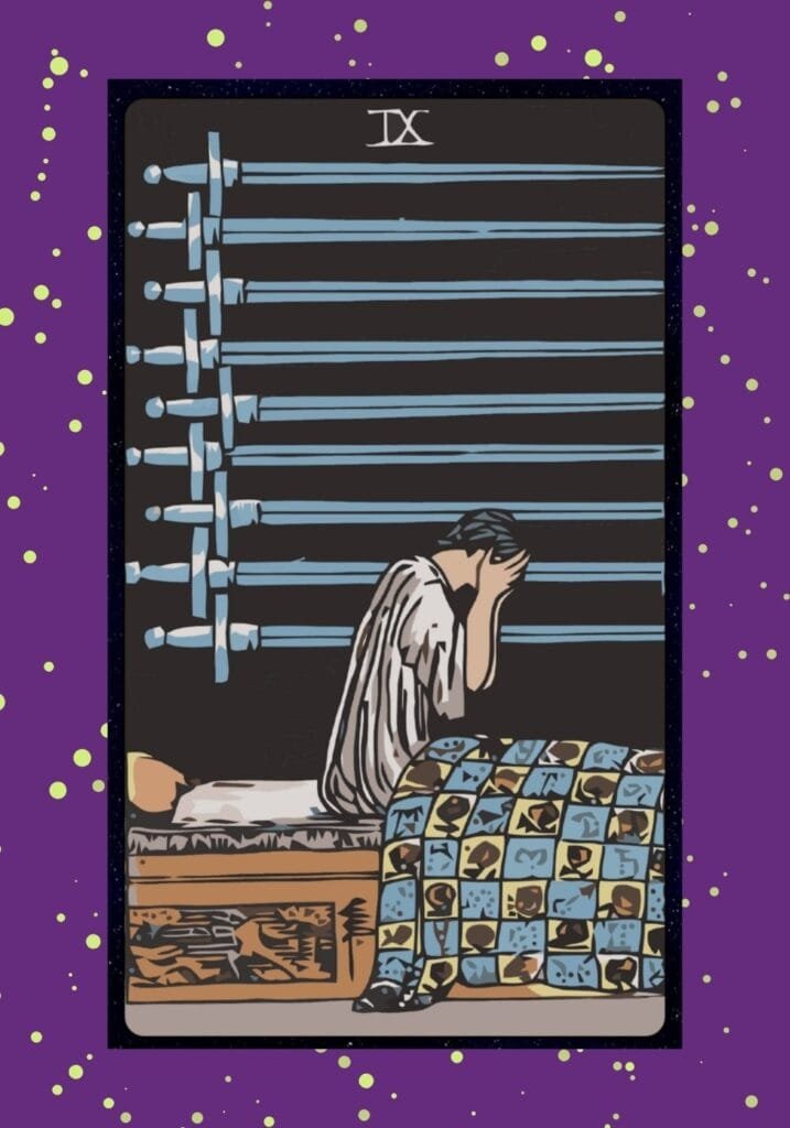 A distressed figure sits upright in bed, face in hands, with nine swords hung on the wall behind—symbolizing worry, regret, and sleepless nights.