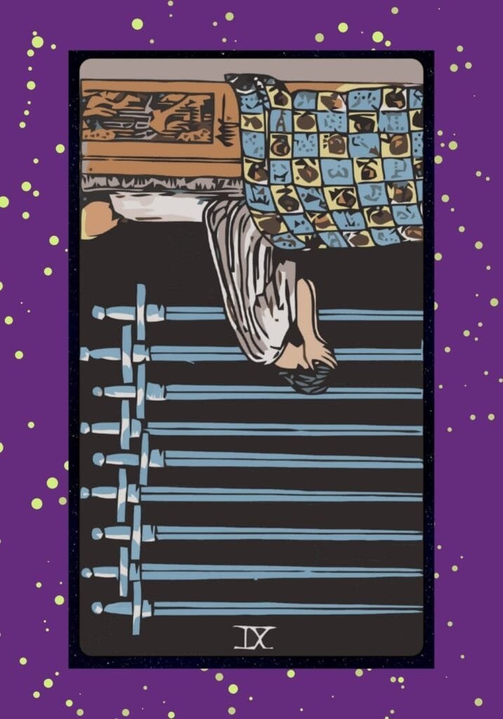 Nine of Swords reversed — light begins to shine through anxiety and despair, symbolizing recovery, hope, and emotional release.