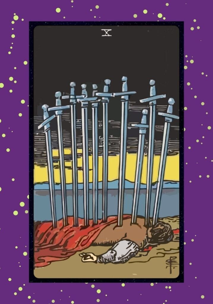 A man lies motionless on the ground with ten swords piercing his back. Dark skies and calm waters symbolize betrayal, finality, and emotional collapse.