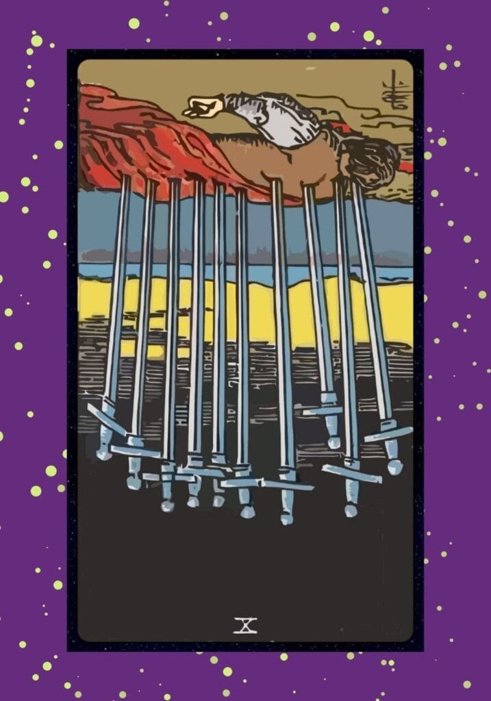 Ten of Swords reversed — the swords remain, but the dawn breaks behind them, signaling survival, healing, and the chance to rise again.