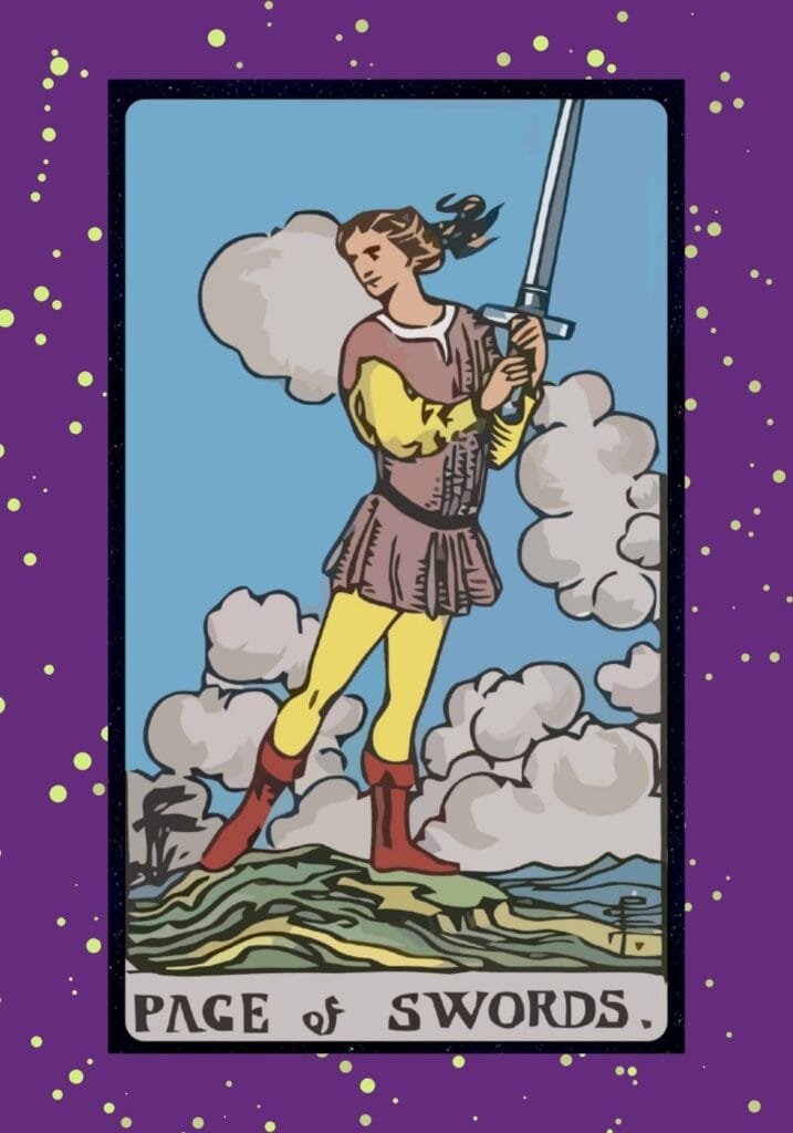 A confident young woman holds a sword as wind whips behind her. Her determined gaze and open stance reflect curiosity, clarity, and mental readiness.