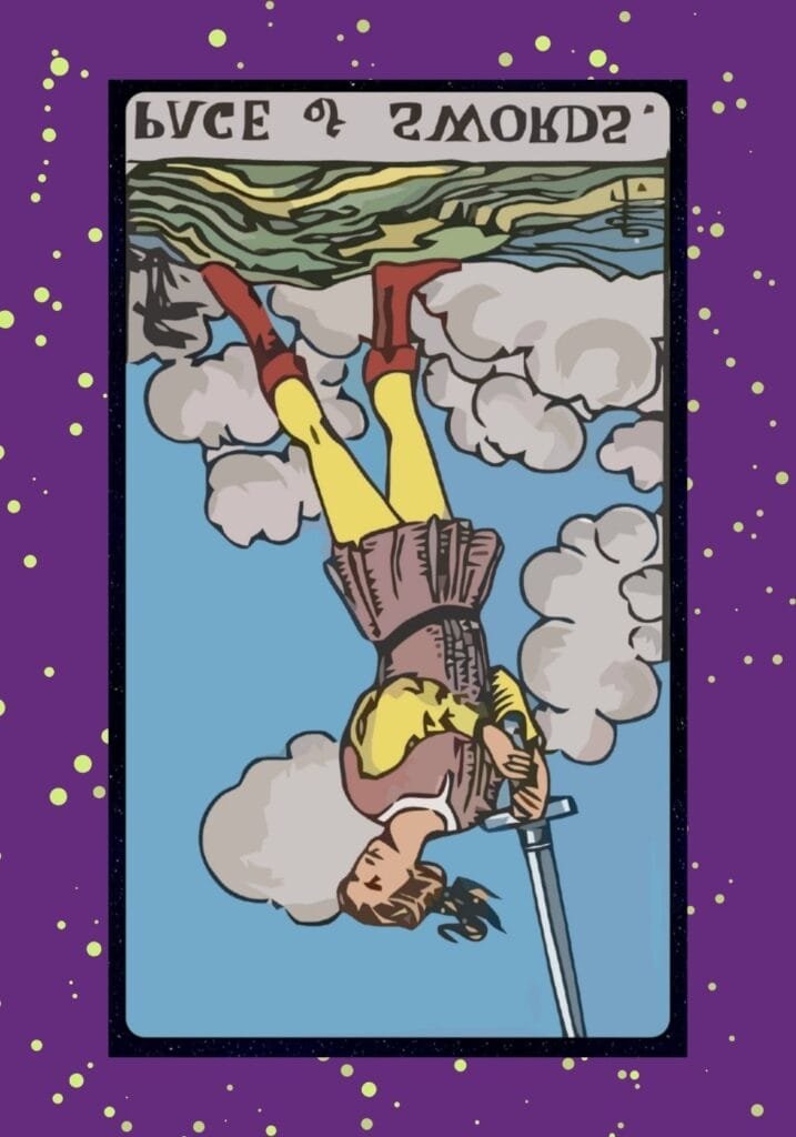 Page of Swords reversed — the energy is scattered, and her sword wavers. Storm clouds loom, symbolizing miscommunication, defensiveness, or mental fog.