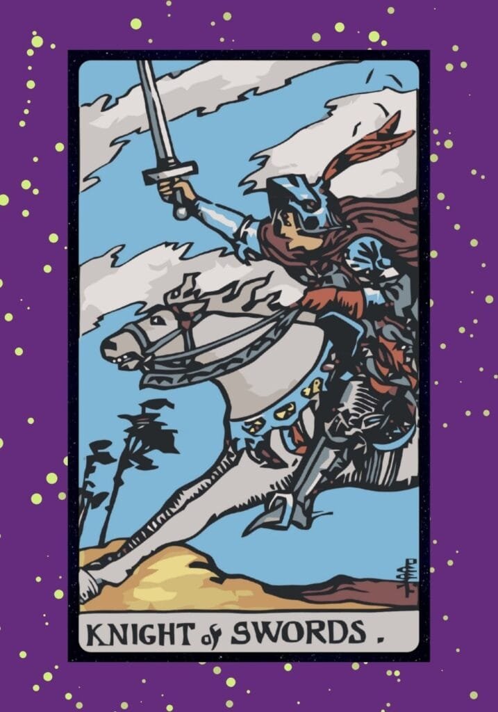 A determined knight charges forward on a white horse, sword raised high. The stormy sky and intense expression represent fast-paced action, confidence, and ambition.