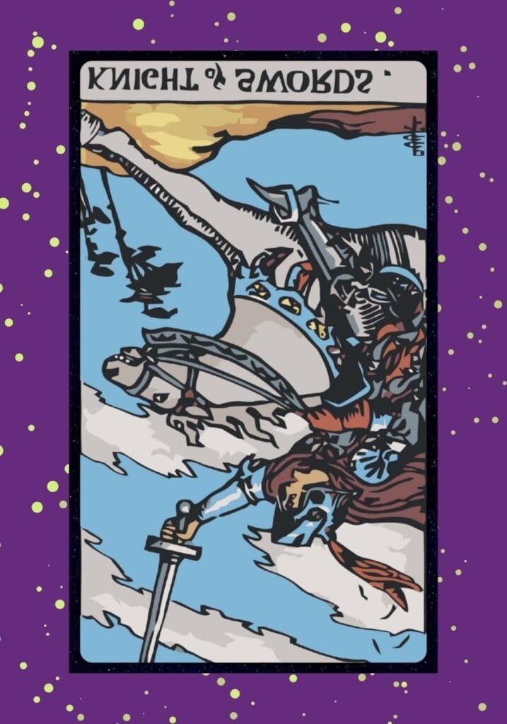The reversed Knight of Swords appears reckless and aggressive. His movement lacks control, symbolizing impulsiveness, missed chances, and harmful intensity.