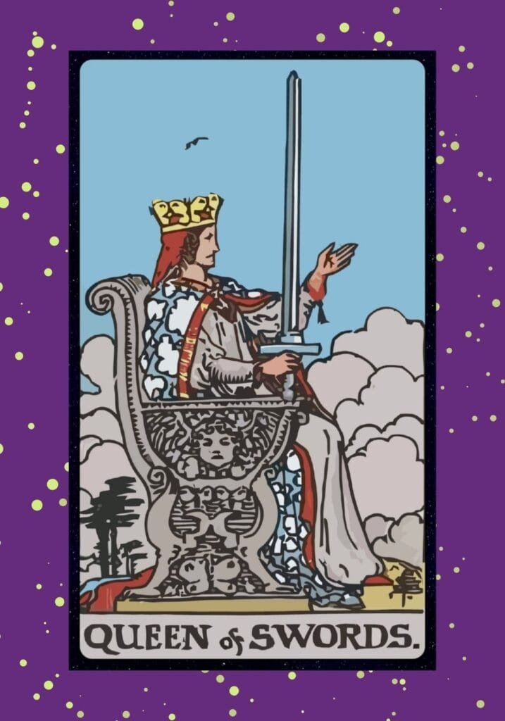 A regal queen sits on a throne beneath a turbulent sky, holding a sword aloft. Her stern yet wise gaze symbolizes truth, clarity, and fair authority.