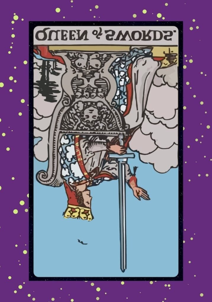 The reversed Queen of Swords depicts cold detachment and harsh judgment. Her throne feels isolated, reflecting bitterness and blocked emotional clarity.
