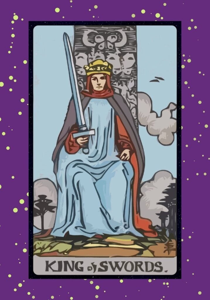The King of Swords sits on a stone throne, holding a raised sword with confidence. His calm gaze and upright posture symbolize integrity, intellect, and fair judgment.
