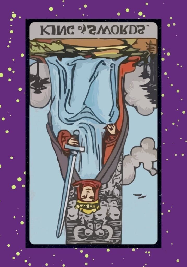 The reversed King of Swords appears cold and severe. His sword casts a shadow, reflecting a loss of clarity, misuse of power, or distorted authority.