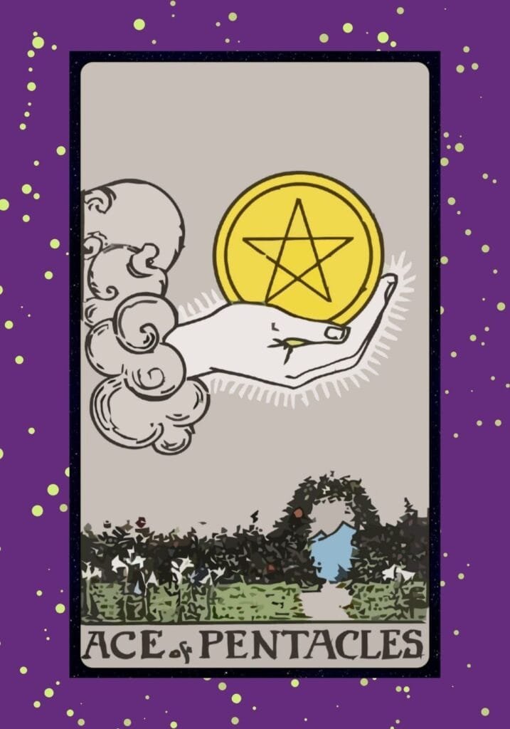 A mysterious hand emerges from the sky, holding a glowing gold pentacle above a flourishing garden. This symbolizes new beginnings, material blessings, and financial opportunity.