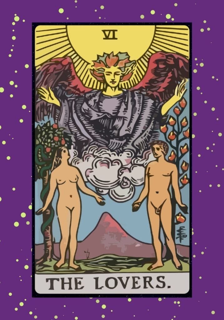 Rider-Waite style Lovers tarot card upright – a man and woman standing beneath an angel with the sun shining, symbolizing love, divine union, and soul connection.