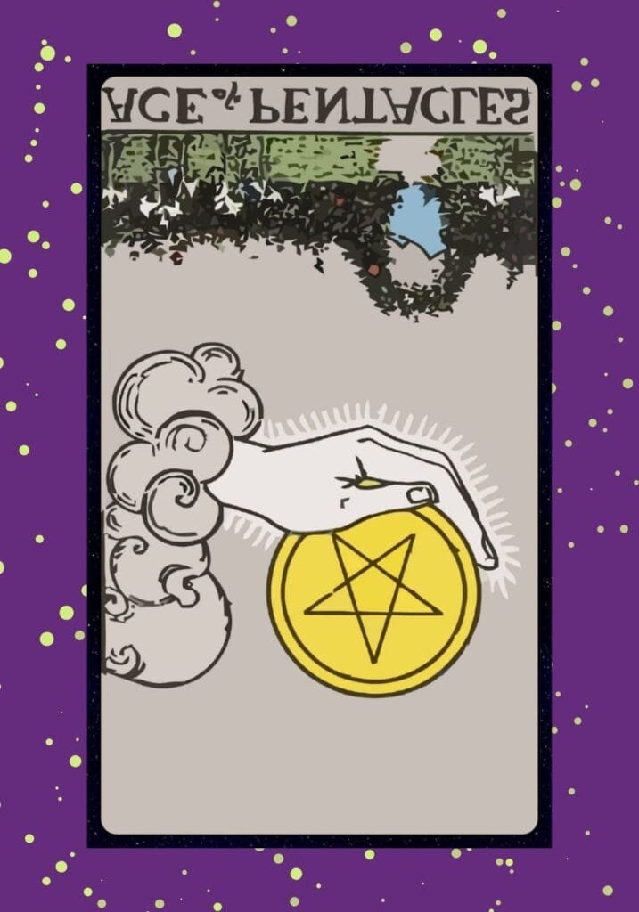 The Ace of Pentacles appears upside-down, with the pentacle slipping from the hand. It represents missed chances, financial missteps, or instability in new ventures.