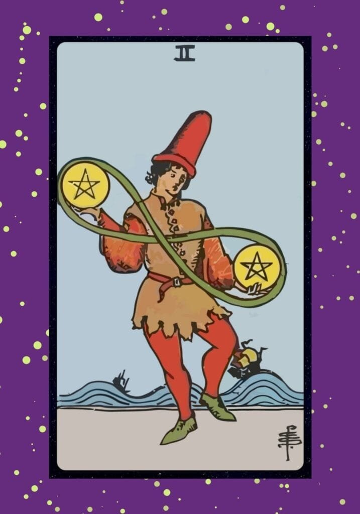 A cheerful figure dances while juggling two pentacles, symbolizing balance, adaptability, and joyful multitasking amid life’s changing tides.