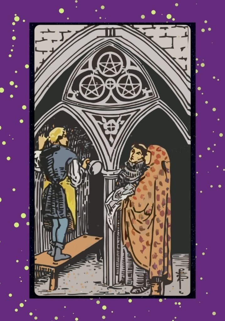 A young apprentice consults with a priest and a nobleman inside a cathedral, symbolizing teamwork, craftsmanship, and mutual respect in shared goals.