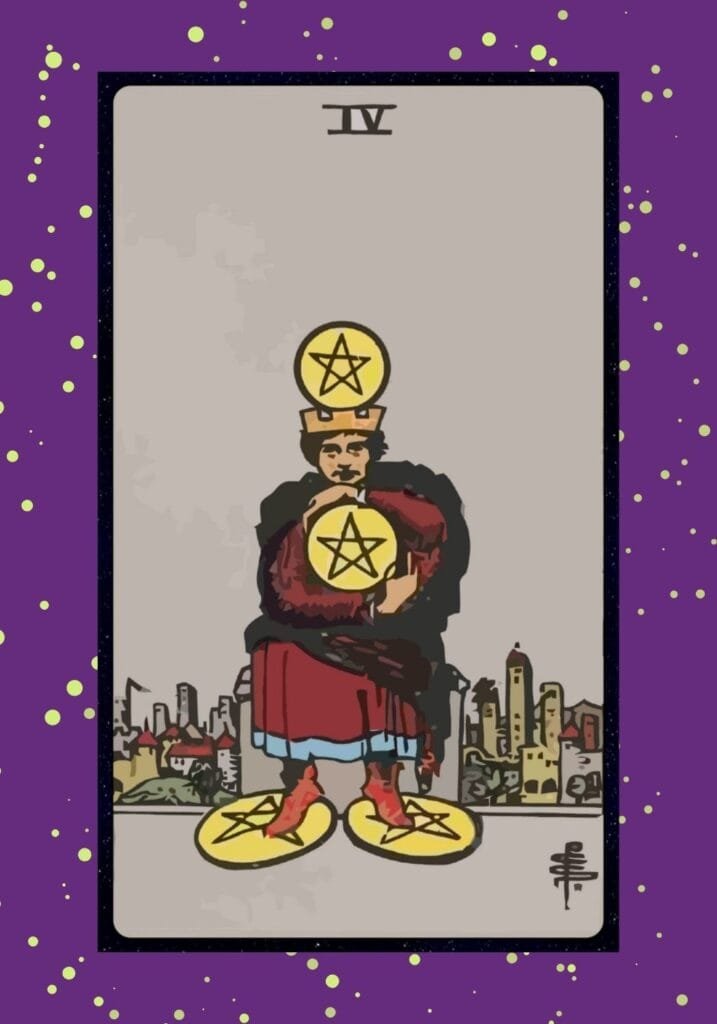 A man tightly clutches his four pentacles—one on his head, two beneath his feet, and one in his arms—symbolizing control, material attachment, and guarded security.