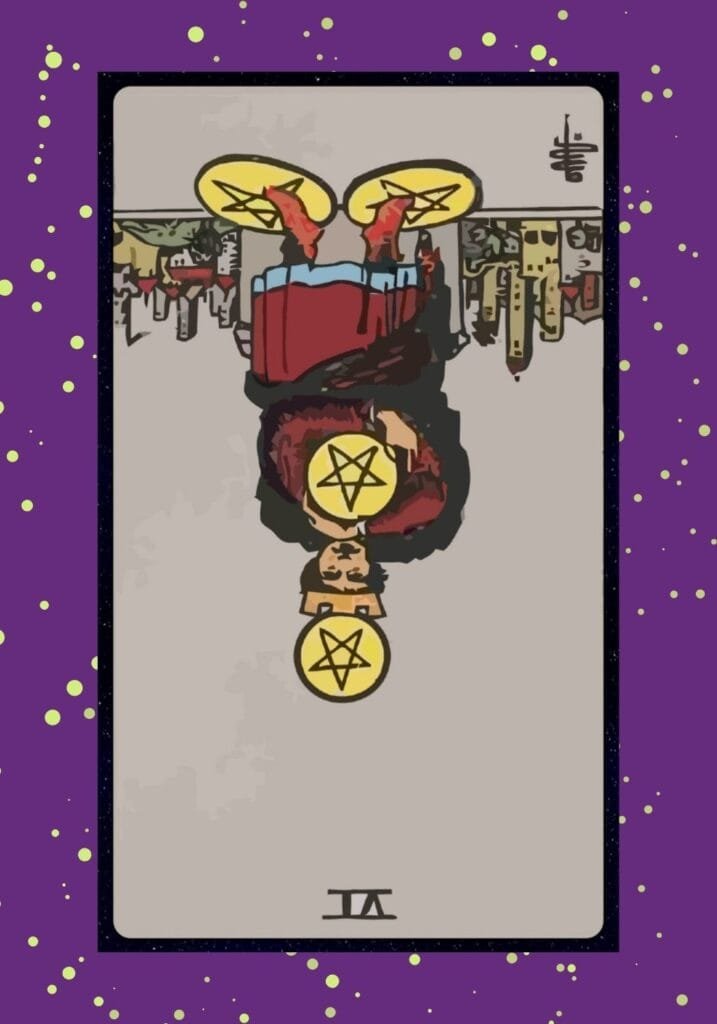 The reversed Four of Pentacles represents letting go, generosity, or financial loss, showing a shift from control to openness or carelessness.