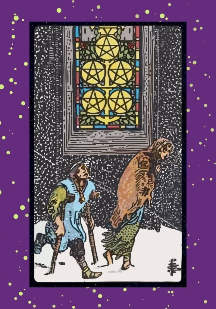 Two destitute figures walk through a snowy street outside a lit church window, symbolizing hardship, rejection, and the feeling of being left out in the cold.