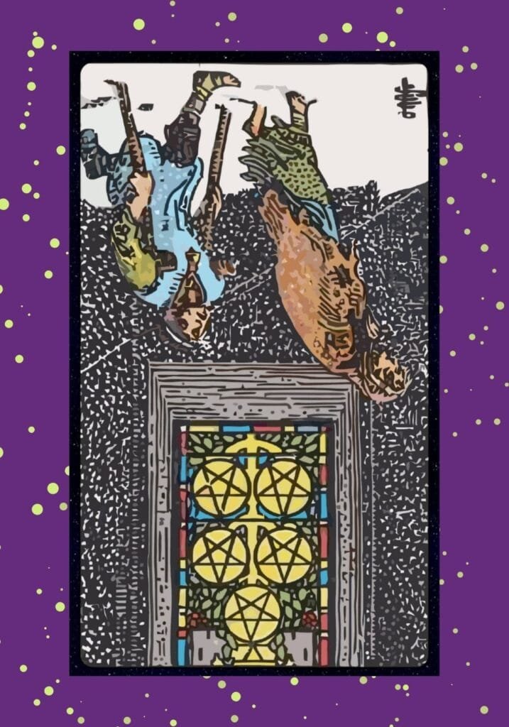 The reversed Five of Pentacles symbolizes hope after difficulty, showing progress, recovery, renewed security, and support being found or accepted.