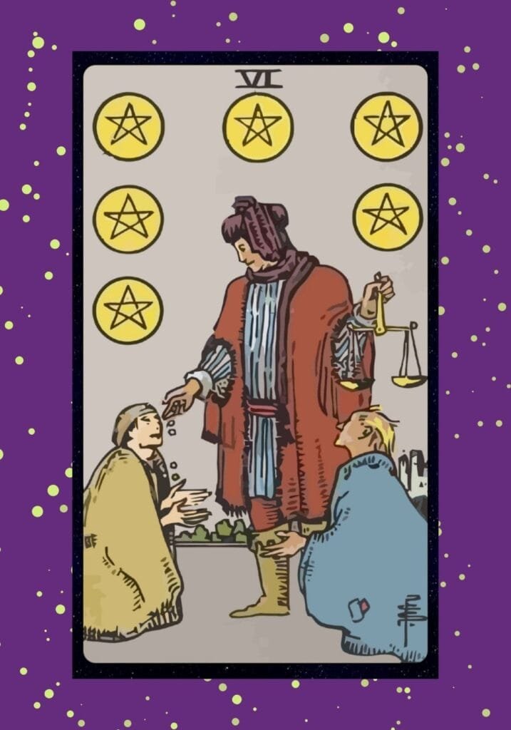 A wealthy man in purple robes gives coins to two beggars while holding a balanced scale, symbolizing fairness, generosity, and the balance of giving and receiving.