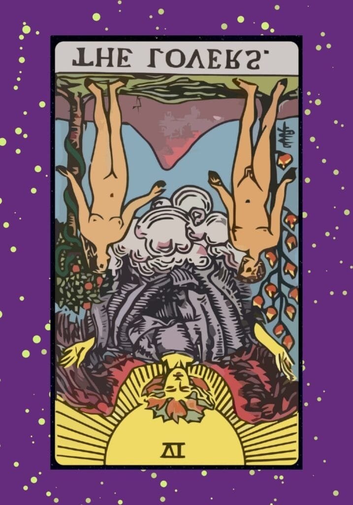 Reversed Lovers tarot card – upside-down figures representing relationship conflict, indecision, and emotional imbalance.