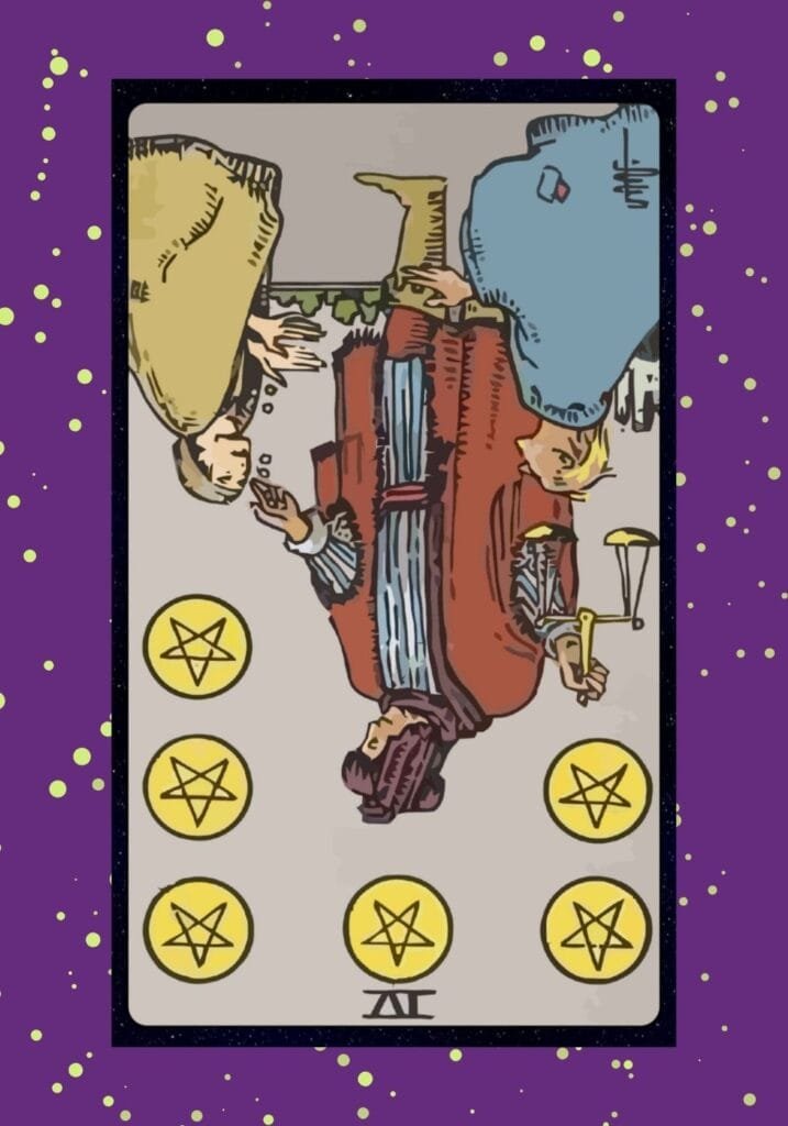 The reversed Six of Pentacles suggests imbalance in generosity—possibly manipulation, strings attached, or unequal exchanges in giving and receiving.