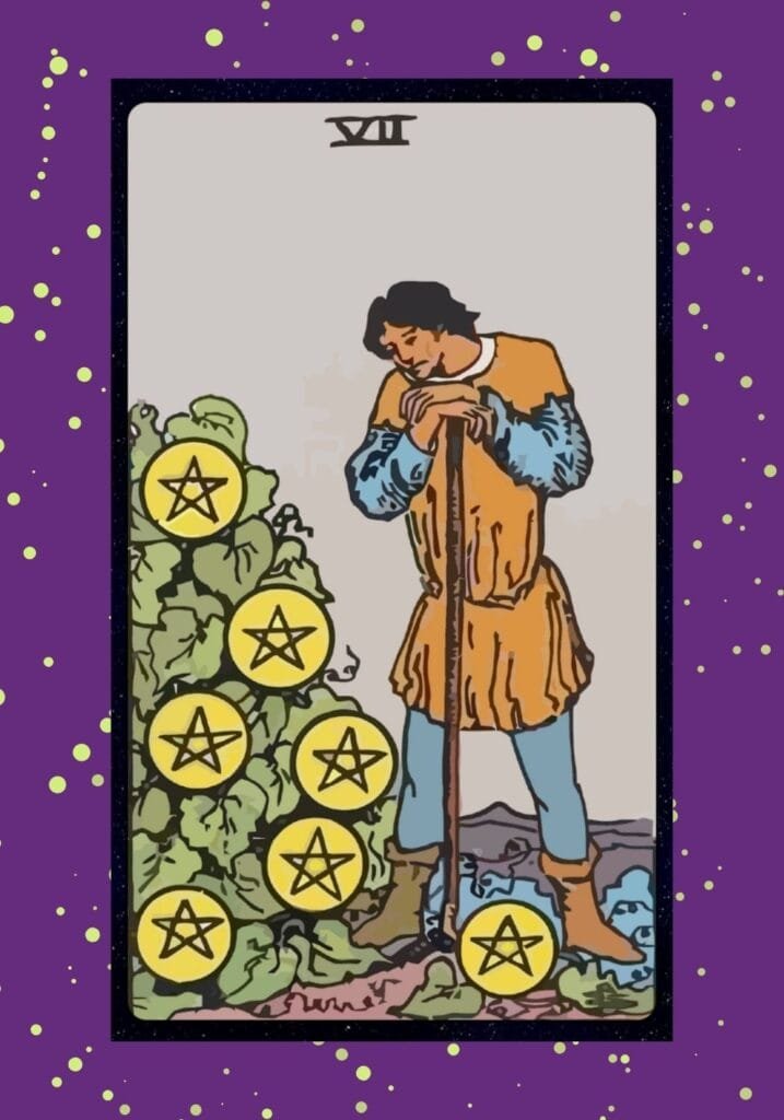 A man leans on a shovel, looking at the seven pentacles growing on a lush vine, representing patience, progress, and the slow rewards of dedicated effort.