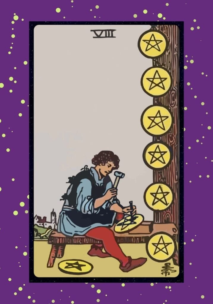 A focused young man carves pentacles into gold coins, symbolizing discipline, learning, and dedication to his craft in pursuit of mastery and success.