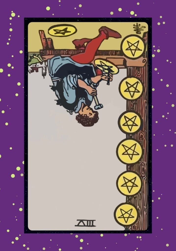 The reversed Eight of Pentacles represents scattered focus, lack of motivation, rushed work, or burnout from perfectionism or overwork.