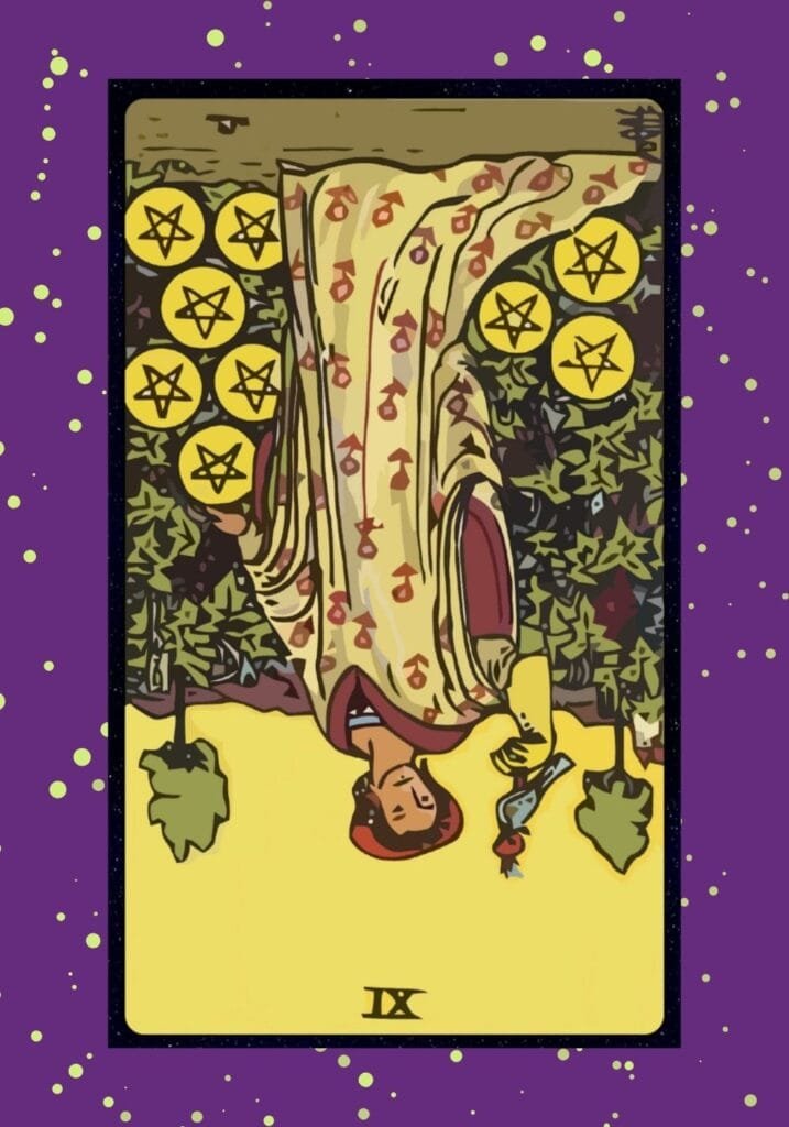 The reversed Nine of Pentacles depicts imbalance, superficiality, or lack of independence, warning against over-indulgence or misplaced priorities.