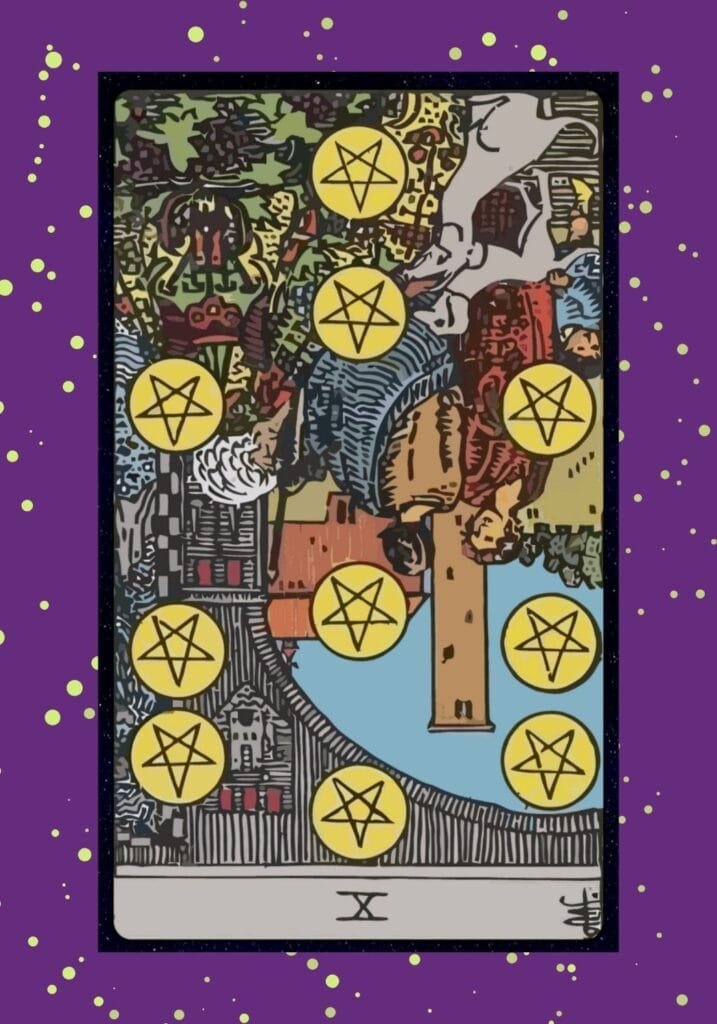 The reversed Ten of Pentacles represents instability, family discord, or disrupted legacy, calling attention to root issues and opportunities for change.