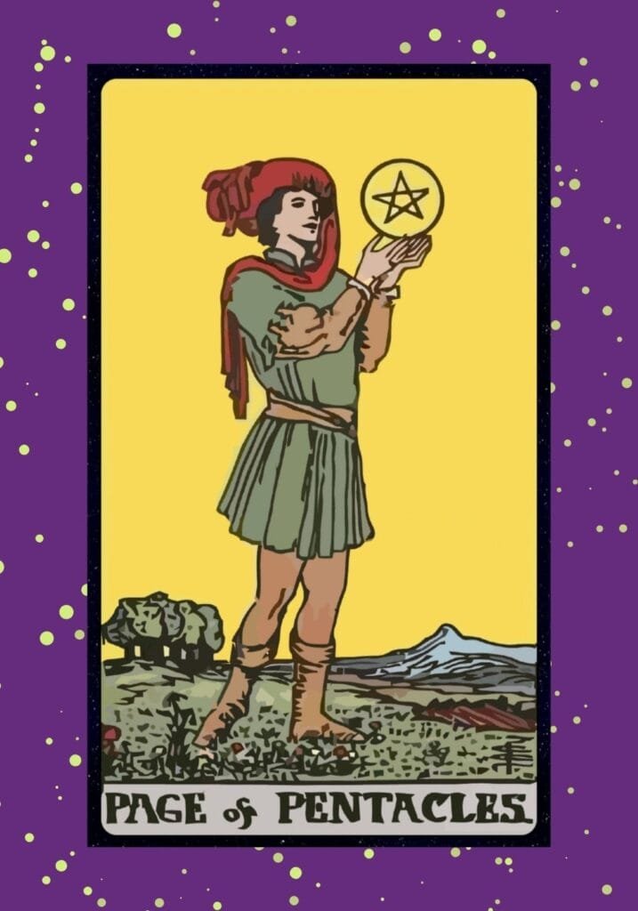A focused youth gazes at a pentacle held in both hands, symbolizing study, potential, and a grounded start to new financial or educational ventures.